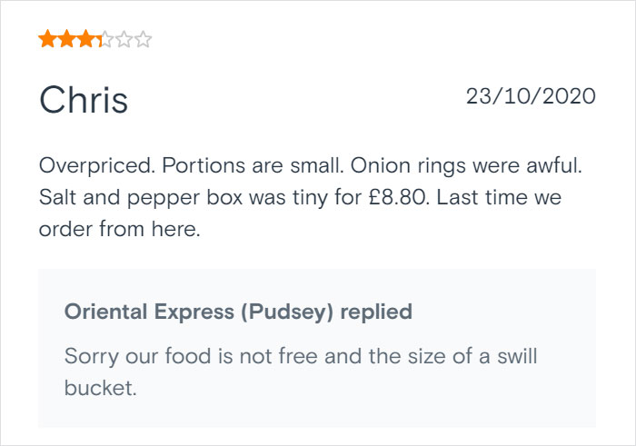 Chinese Takeaway Goes Viral For Its Savage Replies To Bad Customer Reviews