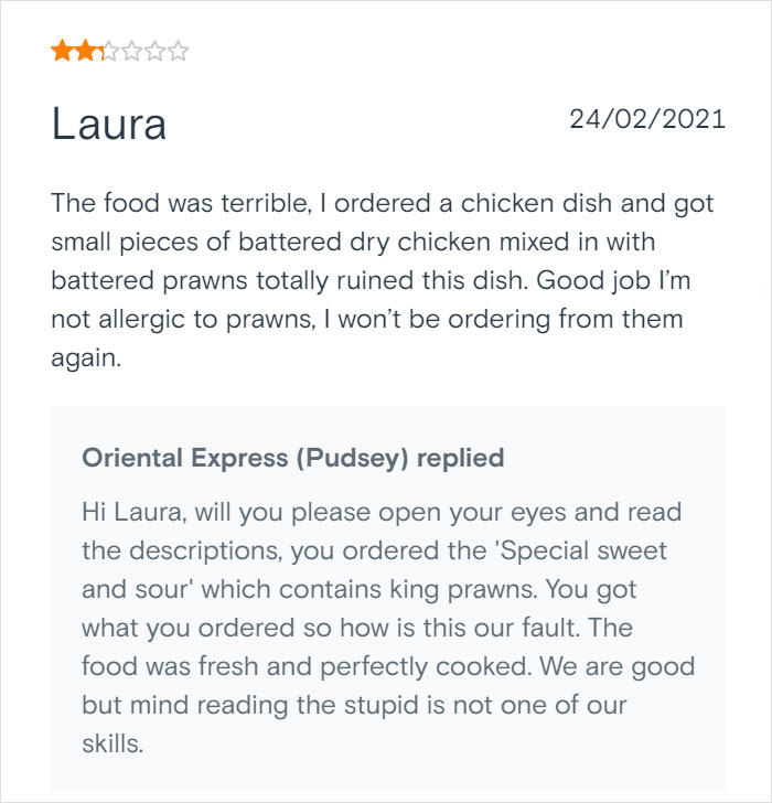 Chinese Takeaway Goes Viral For Its Savage Replies To Bad Customer Reviews
