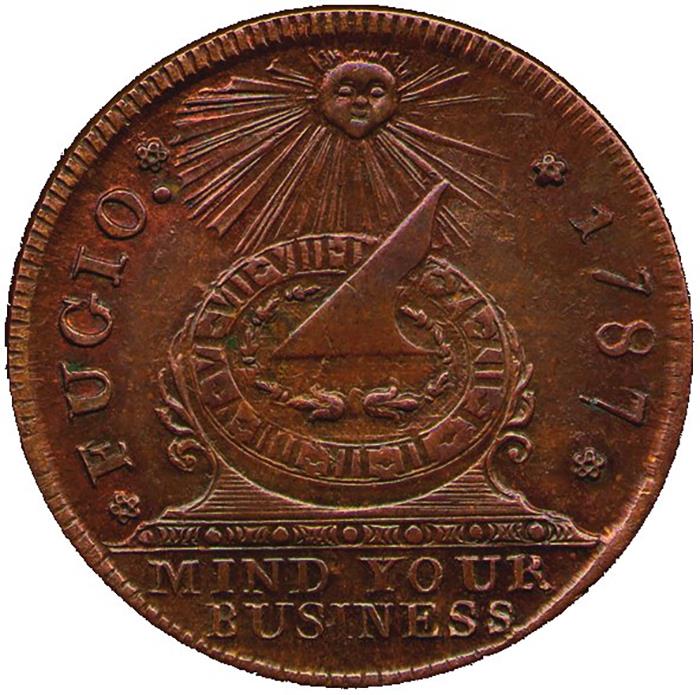 Til The First U.s Official Coin In Circulation, The Fugio Cent, Designed By Benjamin Franklin Had The Insignia "Mind Your Business" Instead Of The Modern Design "In God We Trust" And Had 13 Chain Rings On The Back Representing The 13 States.