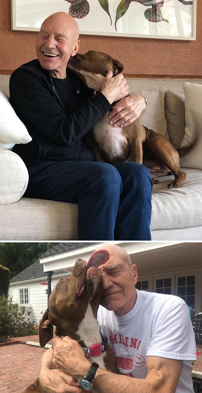 Celebrity showing immense love for dogs by hugging and sharing affectionate moments with a brown dog outdoors and indoors.