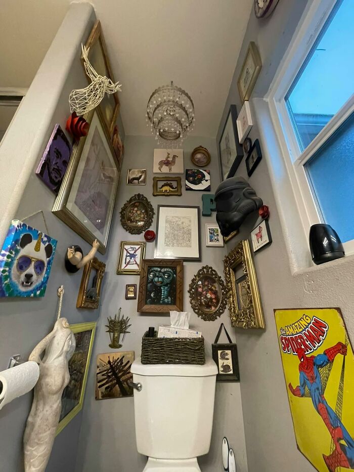 Our Bathroom “Art Nook” 100% Thrifted From The Goodwill Bins, Free Piles And Our Local Buy Nothing Group. My Favorite Piece Being The Velvet Et