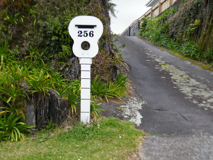 White guitar-shaped mailbox with number 256 on a post near a sloped driveway and greenery around.