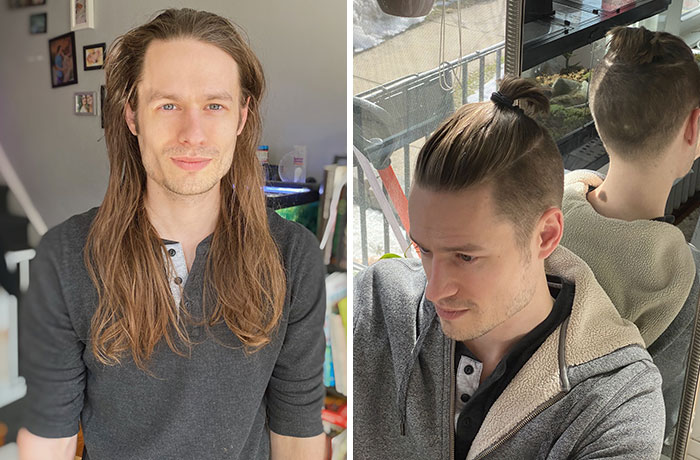 Bren Has Been Growing His Hair Out For 4 Years To Donate It To Kids With Cancer. Today’s The Day He’s Finally Cutting It. 2017 vs. 2021 