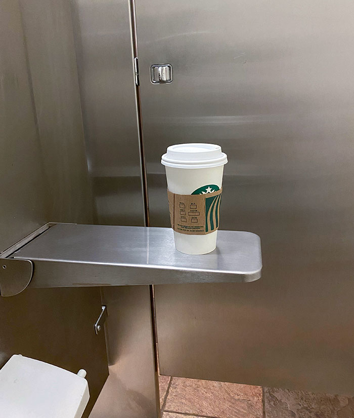 My Church Has A Spring-Loaded Shelf For Drinks While You Pee. It Doesn’t Allow You To Forget Your Things Because It’s Right In Front Of The Door
