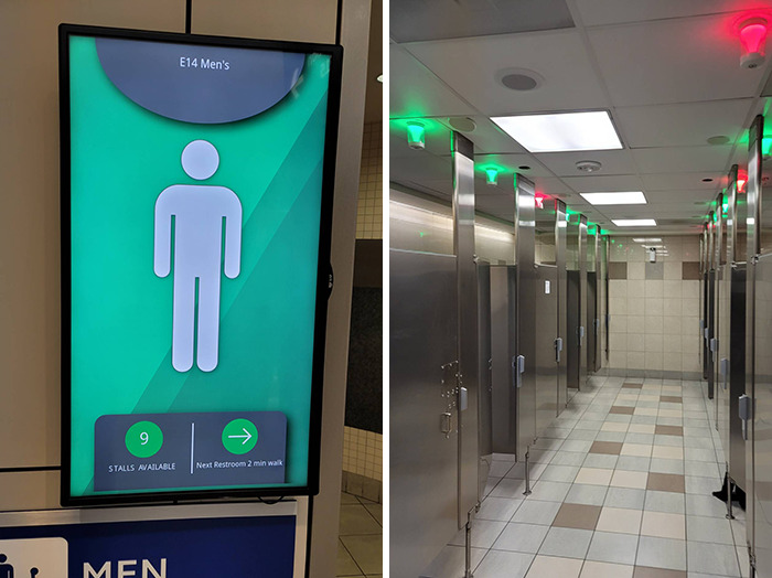 This Bathroom Tells You How Many Stalls Are Available And Has Indicators Above Each One To Tell You If It's Occupied
