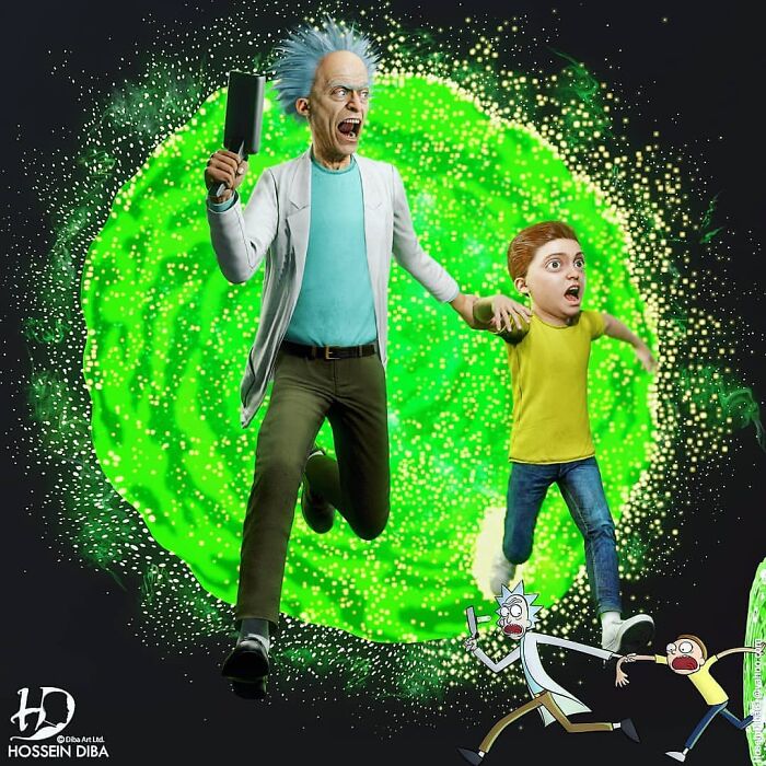 Realistic recreation of famous pop culture characters Rick and Morty escaping a glowing green portal by artist.