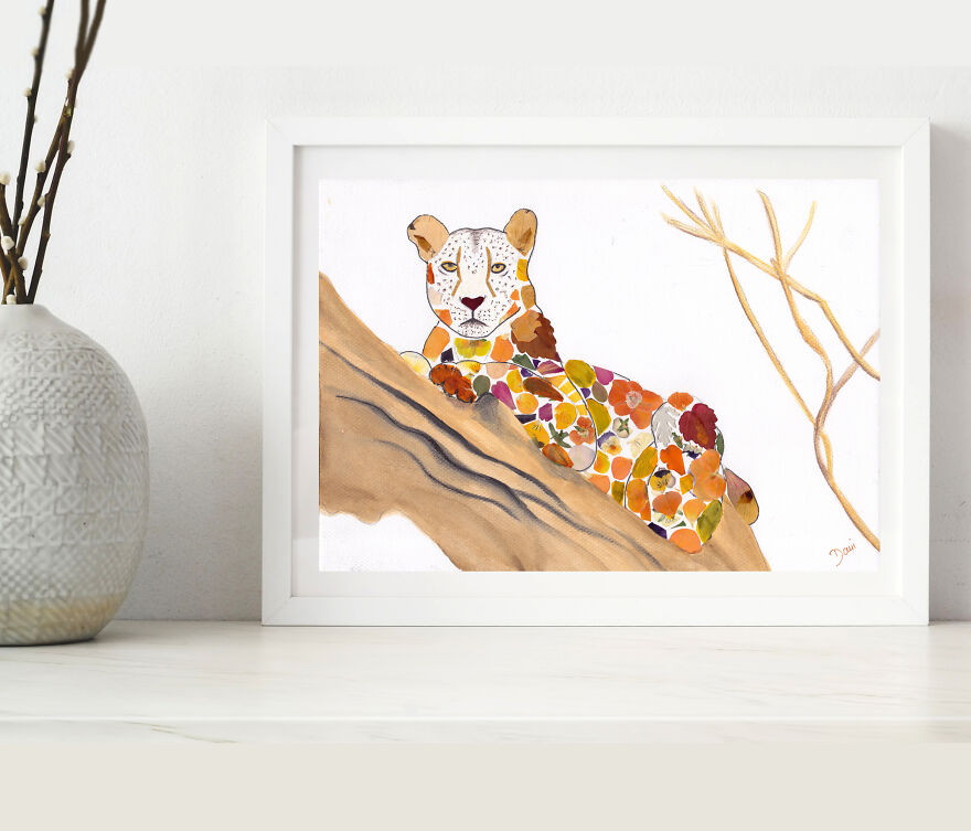 African Leopard Made From Pressed Pansies, Sunflower, Rose, And Zinnia Petals