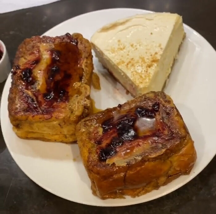 Peanut Butter And Jelly Toast And A Slice Of Cheesecake