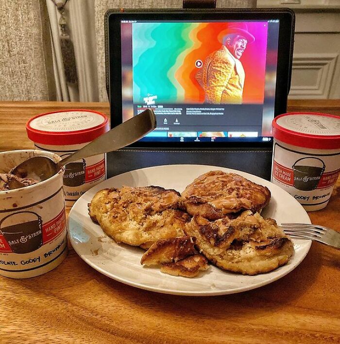 Pancakes With Peanut Butter And Syrup And Three Pints Of Ice-Cream