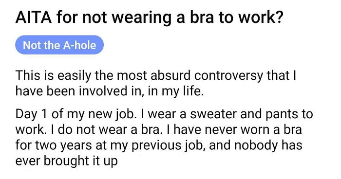 Woman Doesn’t Wear A Bra At Work Despite Her Coworkers Complaining, Asks If She’s Being A Jerk