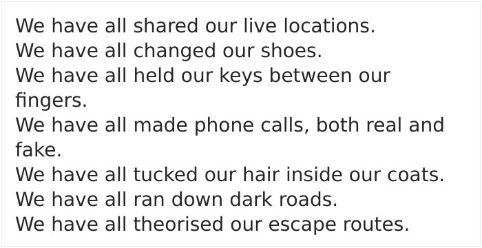 Not All Men But Almost All Women: Post About Women’s Safety Concerns In Response To Sarah Everard’s Tragedy Goes Viral Not All Men But Almost All Women: Post About Women’s Safety Concerns In Response To Sarah Everard’s Tragedy Goes Viral