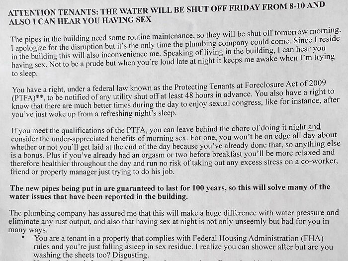 Landlord Shares Update On Building Maintenance And Thoughts On Morning Sex