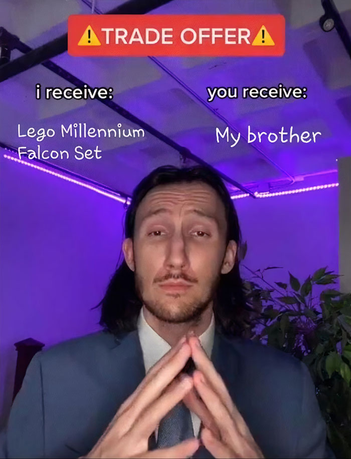 Man in suit with trade offer meme text: "I receive Lego Millennium Falcon Set, you receive my brother," under purple lighting.