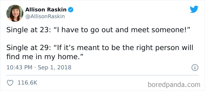 Meme about being single, comparing attitudes at ages 23 and 29.