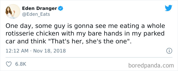 Tweet about the single life, humorously anticipating a romantic encounter while eating rotisserie chicken in a car.