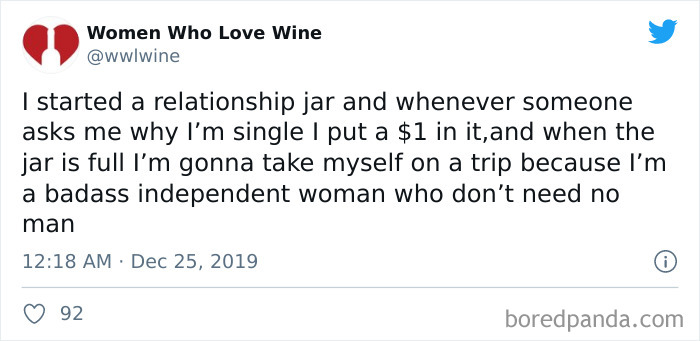 Tweet about being single with a humor about saving money in a jar for self-care and independence.
