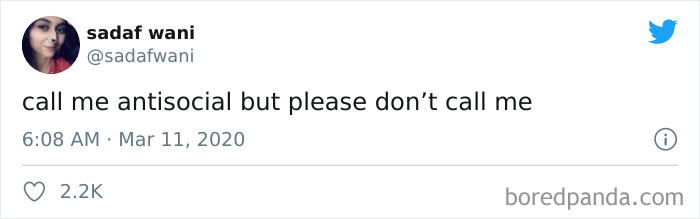 Tweet from user sadaf wani humorously addressing introvert and antisocial traits with 2.2K likes, related to funny introvert memes.