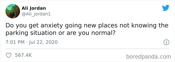 Tweet screenshot showing a funny introvert meme about anxiety when visiting new places and parking worries.