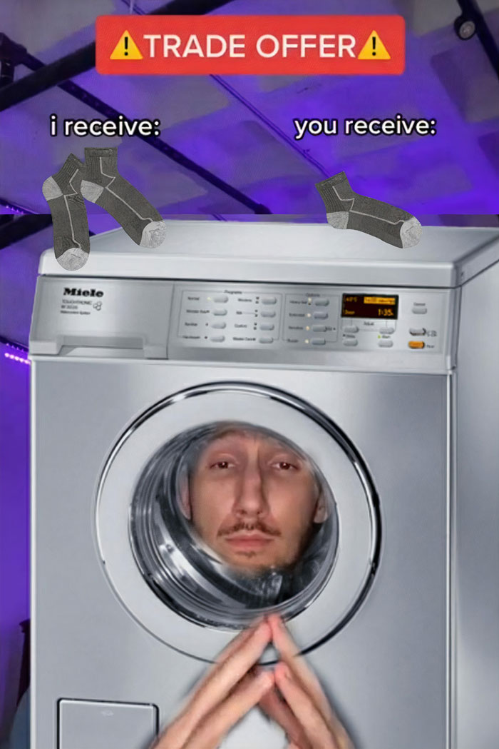 "Humorous trade offer meme with socks and a man's face in a washing machine, depicting a funny exchange."