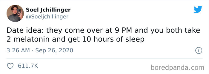 Funny single life meme: a tweet suggests a quirky date idea involving melatonin for a long sleep.
