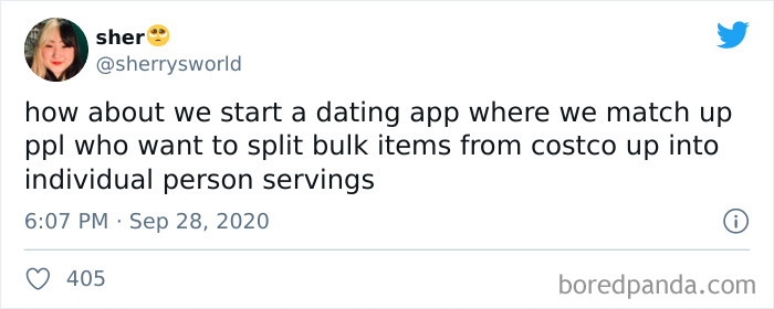 A tweet humorously suggesting a dating app for singles to split bulk items.