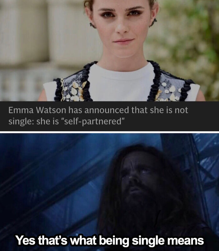 Woman humorously claiming to be "self-partnered" in a meme about being single.