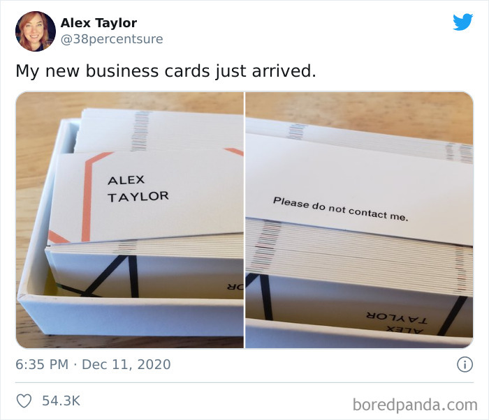 Business cards shown with name Alex Taylor on front and message Please do not contact me on back, funny introvert meme.
