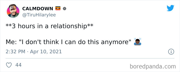 Tweet about being three hours into a relationship, reflecting humorous single life struggles.