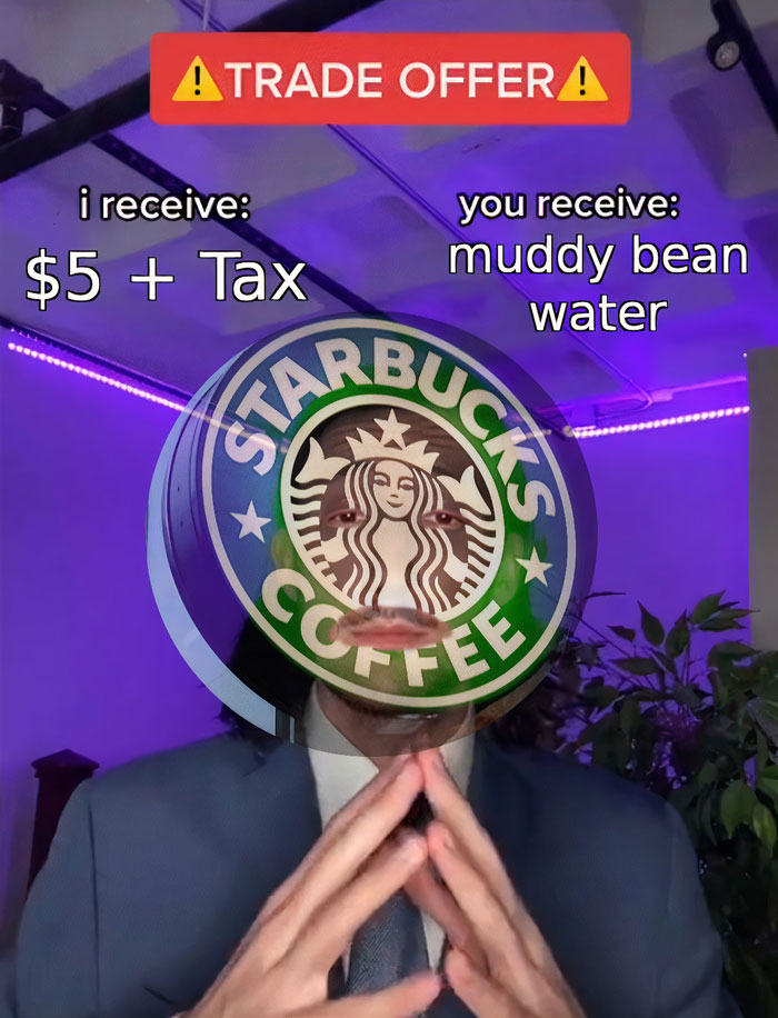 Trade offer meme featuring Starbucks logo and humorous text about coffee exchange.