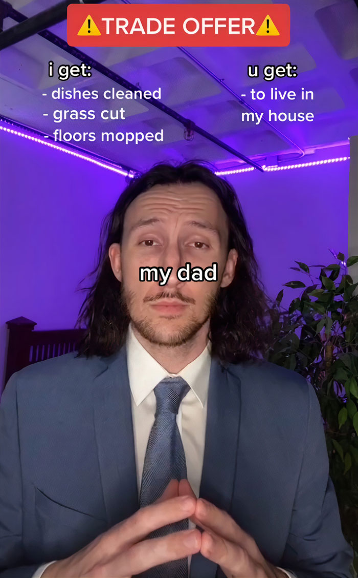 Man humorously presenting trade offer meme format discussing chores and house rules.