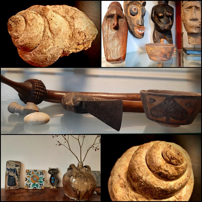 Some Old But Not Gold Items We Have At Home ---> Large Fossil I Found In France As A Kid + Indus Valley Bowl Approx. 2800-2600 Bc / Mehrgar Periode Vii Pakistan / Dutch Pommegranate-Tile Approx. 1625
