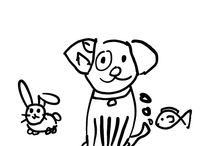 Left Is My Non Dominant Hand. I Drew A Rabbit, Dog, And Fish