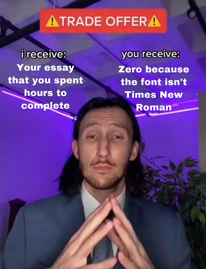 Person in suit with "Trade Offer" meme text about essay fonts, set against a purple-lit background.