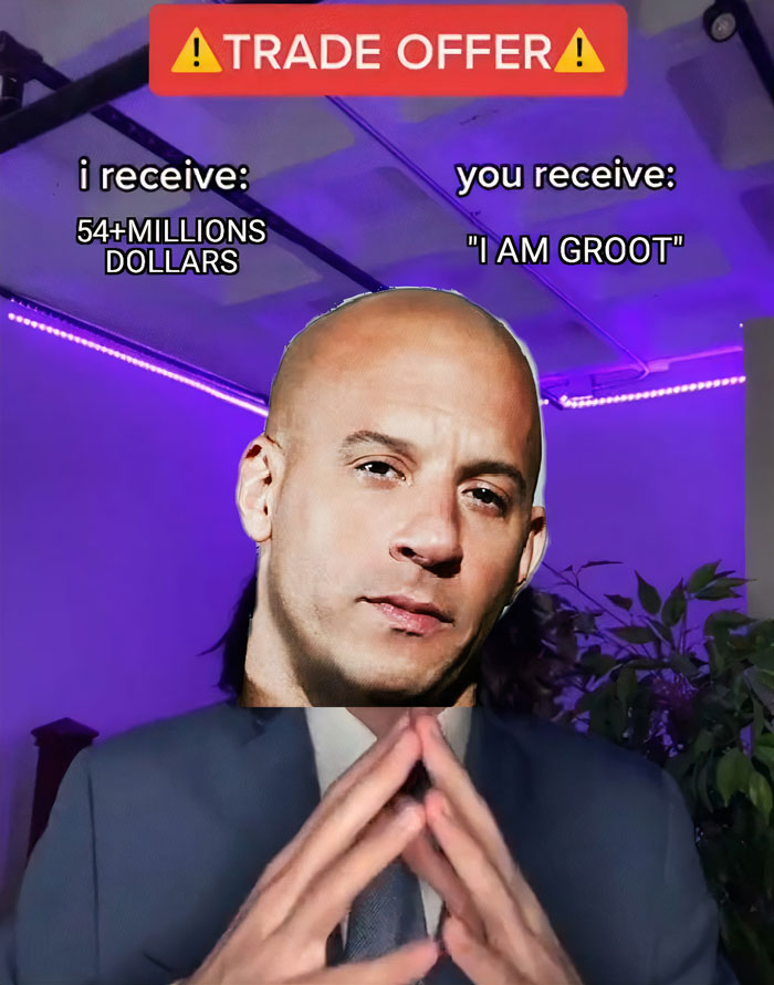 "Humorous trade offer meme featuring a person in a suit with text about receiving millions for 'I AM GROOT' line."