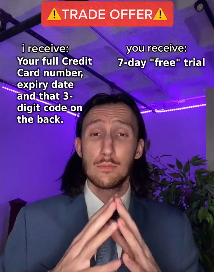 Man in a suit using hand gestures for a humorous trade offer meme about a credit card scam and free trial.