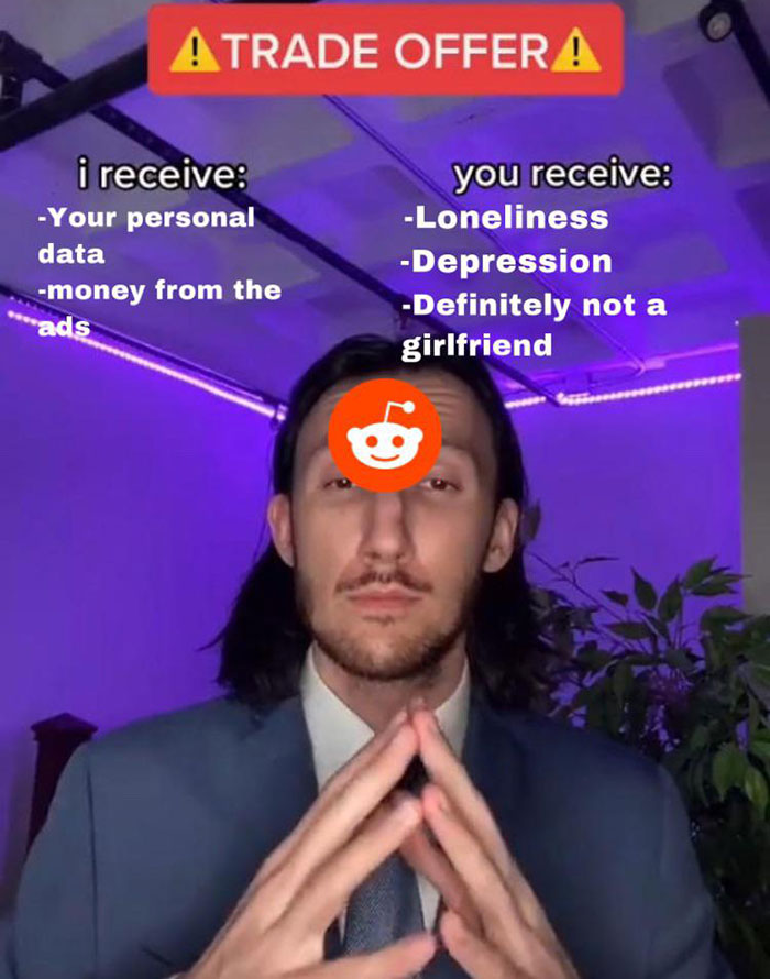 Person in suit in front of a purple background, presenting a humorous "Trade Offer" meme, popular online.