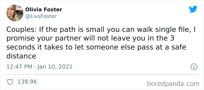 I'm Not Walking In The Mud So You Don't Have To Let Go Of Your Fella's Hand. He's Not Going To Run Into Traffic Sarah. He's 35