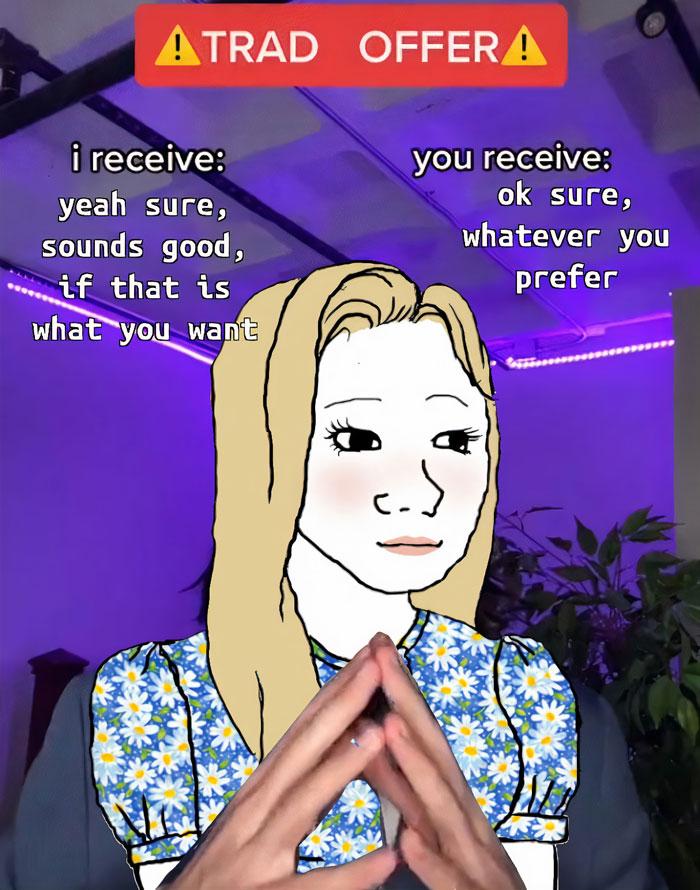 Cartoon woman in floral dress doing trade offer meme, captioned "I receive" and "You receive," in purple-lit room.