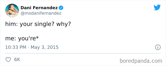 Tweet meme correcting "your" to "you're," humorously highlighting a single life moment.