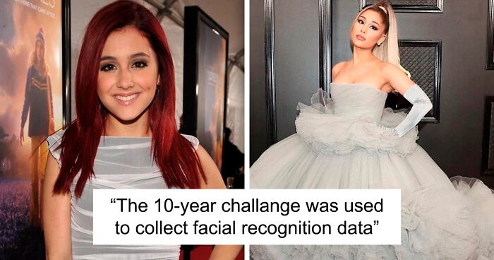 Two images of Ariana Grande with text about conspiracy theories on facial recognition data belief.