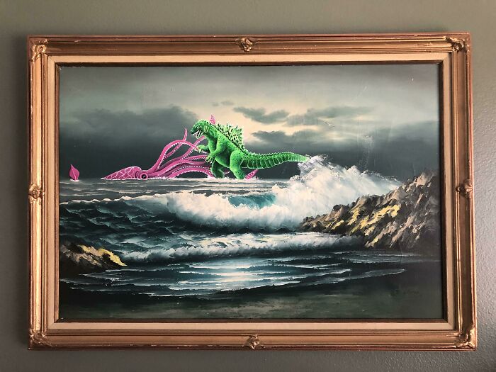 Had A Friend Of Mine Do This Repainting Of An Old Goodwill Find A Few Years Ago. It’s Been Above Our Bed Ever Since!