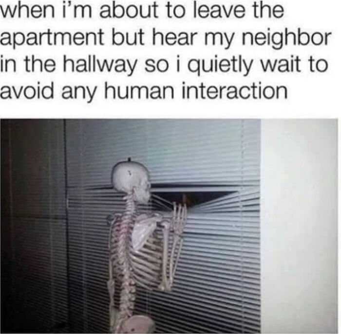 Skeleton peeking through window blinds to avoid human interaction, illustrating a funny introvert meme about social anxiety.