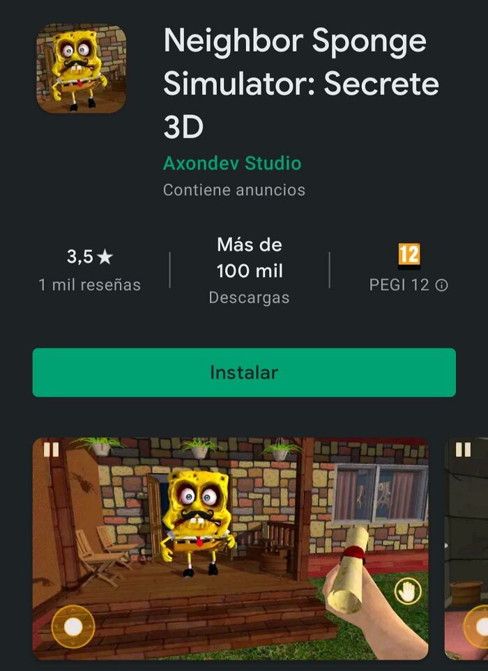Knockoff brand game titled "Neighbor Sponge Simulator: Secrete 3D" with SpongeBob-like character on porch.