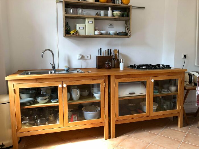 I Made A Kitchen For My Tiny Flat In Frankfurt. It’s Made From Alder And Poplar. The Frameworks Are Made Traditionally With Mortise And Tenon. The Small Unit Next To Fridge Has A Cool Wooden Drawer, The Sliding/Moving Parts Are Made From Oak