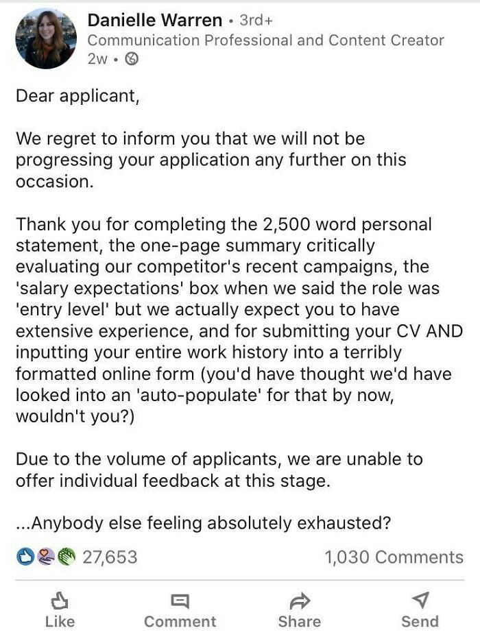 A Realistic Rejection Letter On Linkedin