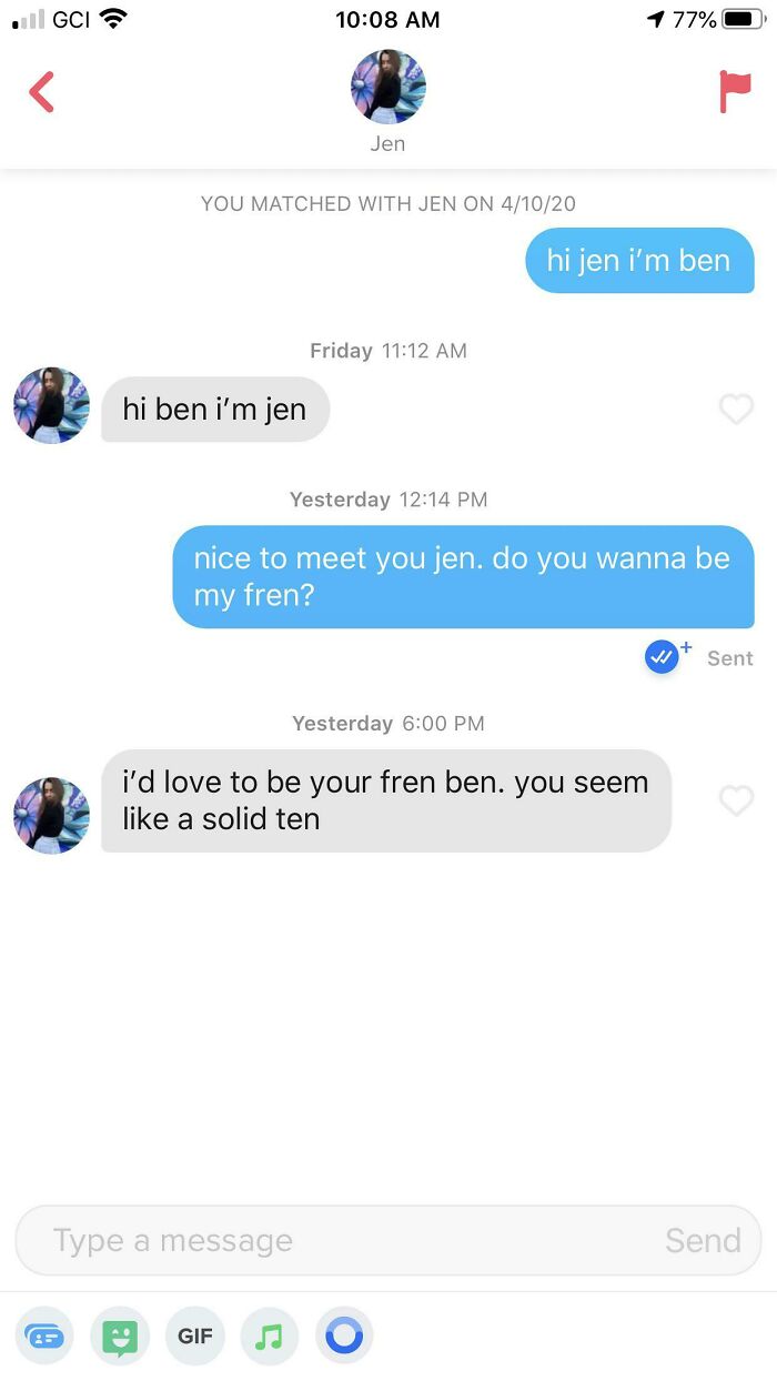 Tinder chat screenshot of people talking about being friends 