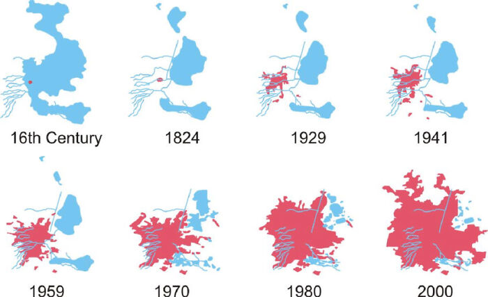 Mexico City Engulfing Lake Texcoco , From 16th Century To 2000