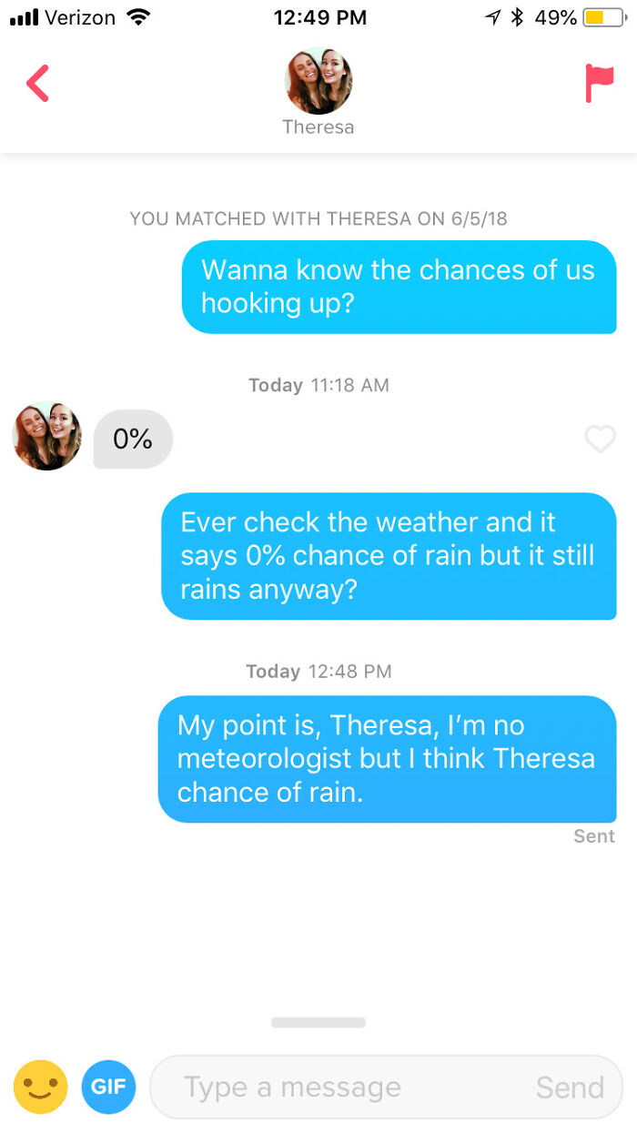 Tinder chat screenshot of people exchanging messages about rain 