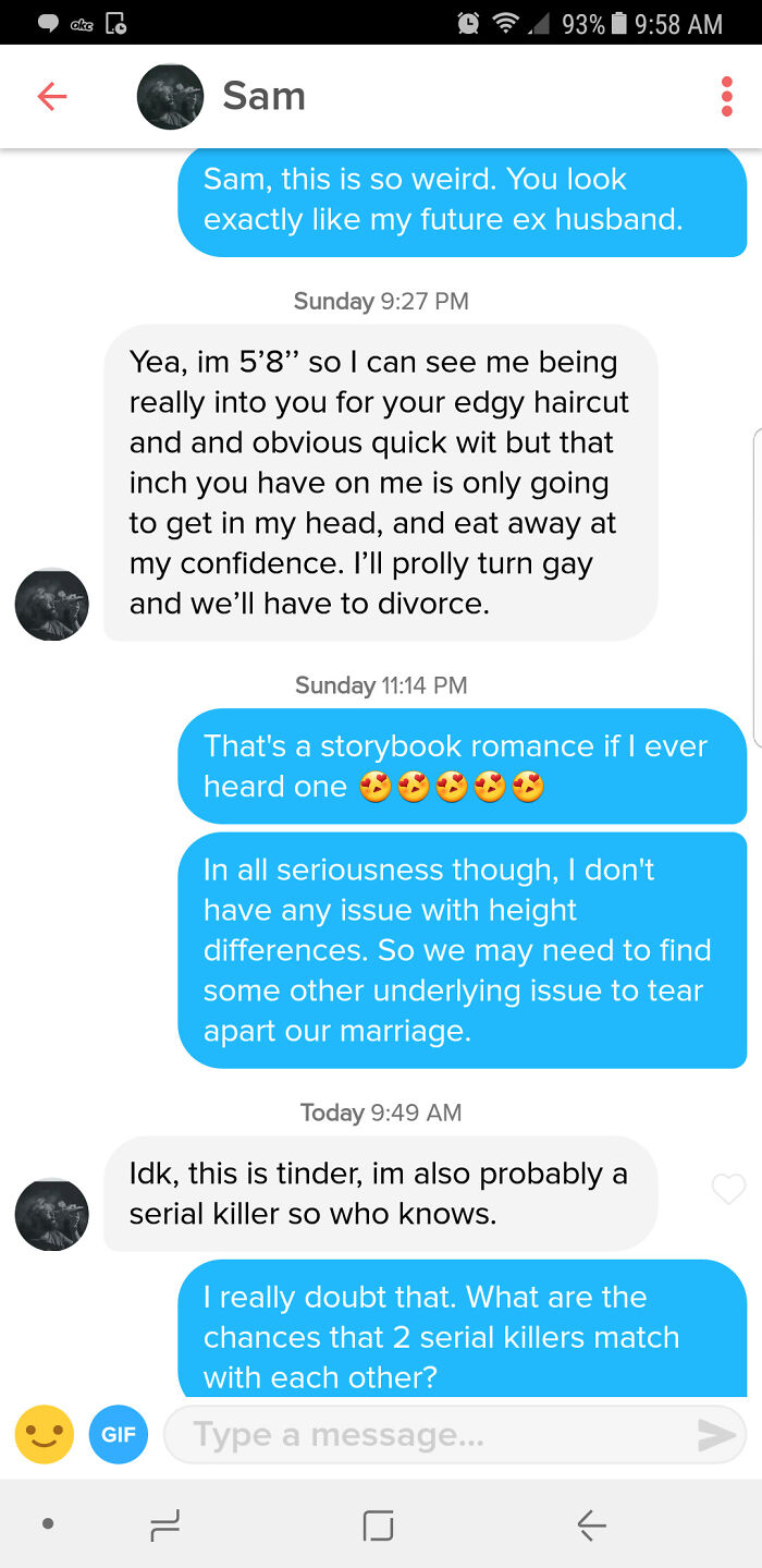 Tinder chat screenshot of people talking about serial killers 