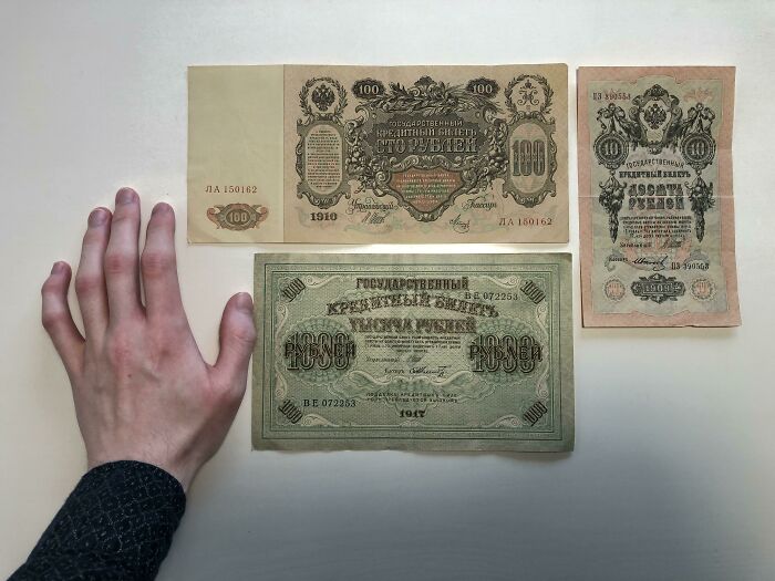 These Old Pre-Soviet Banknotes. Hand For Scale